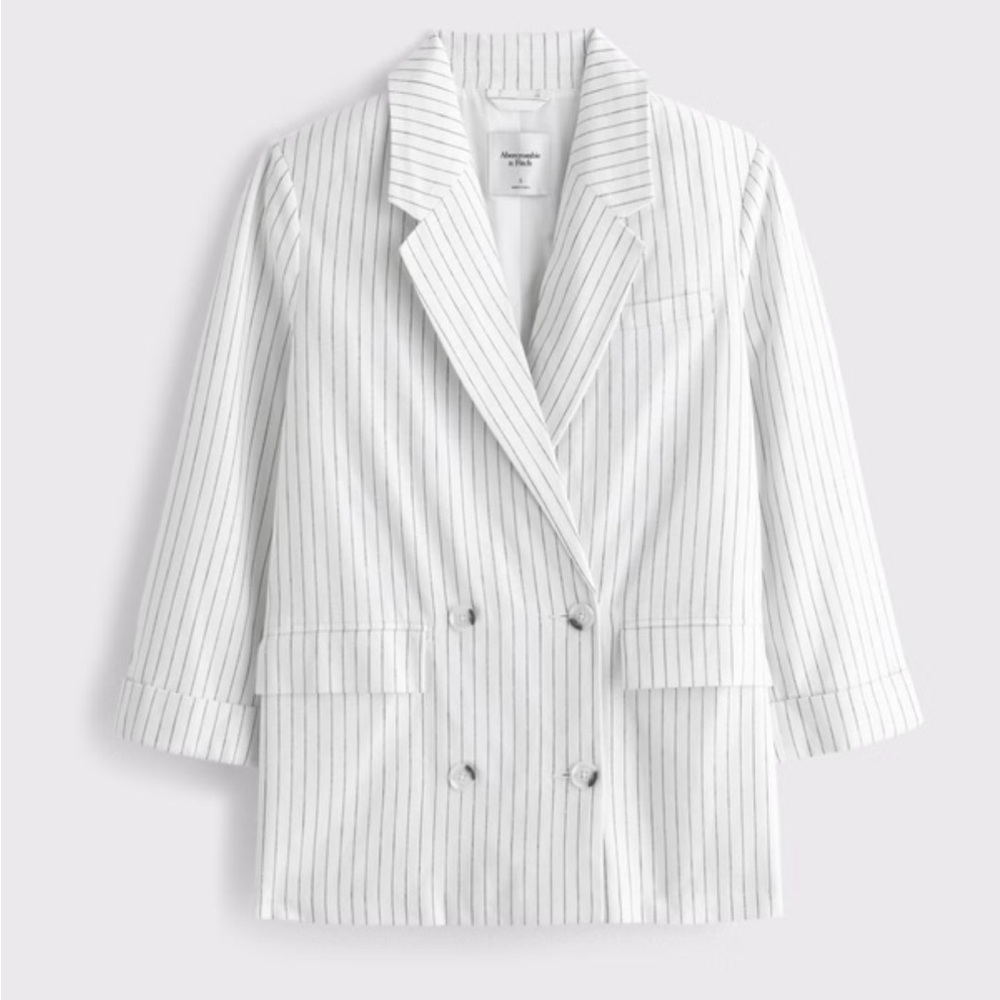Abercrombie & Fitch White Pinstripe Double-Breasted Blazer